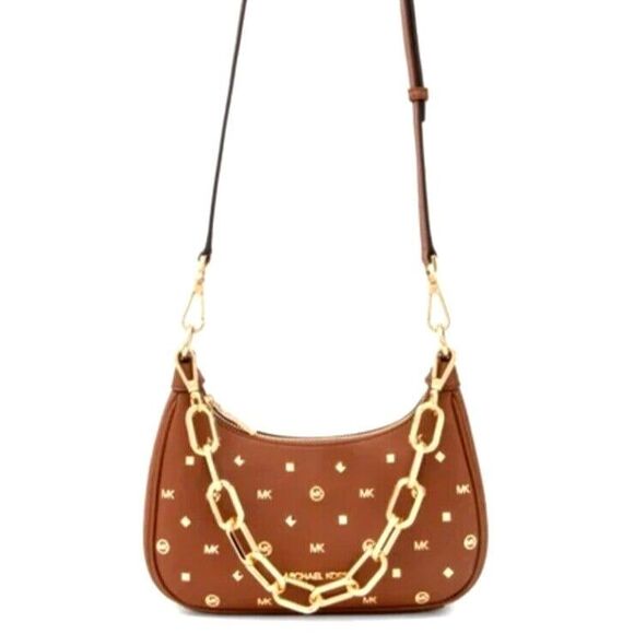 New Michael Kors Cora Shoulder Bag Medium Zip Pouchette Luggage with Studs - Picture 3 of 6